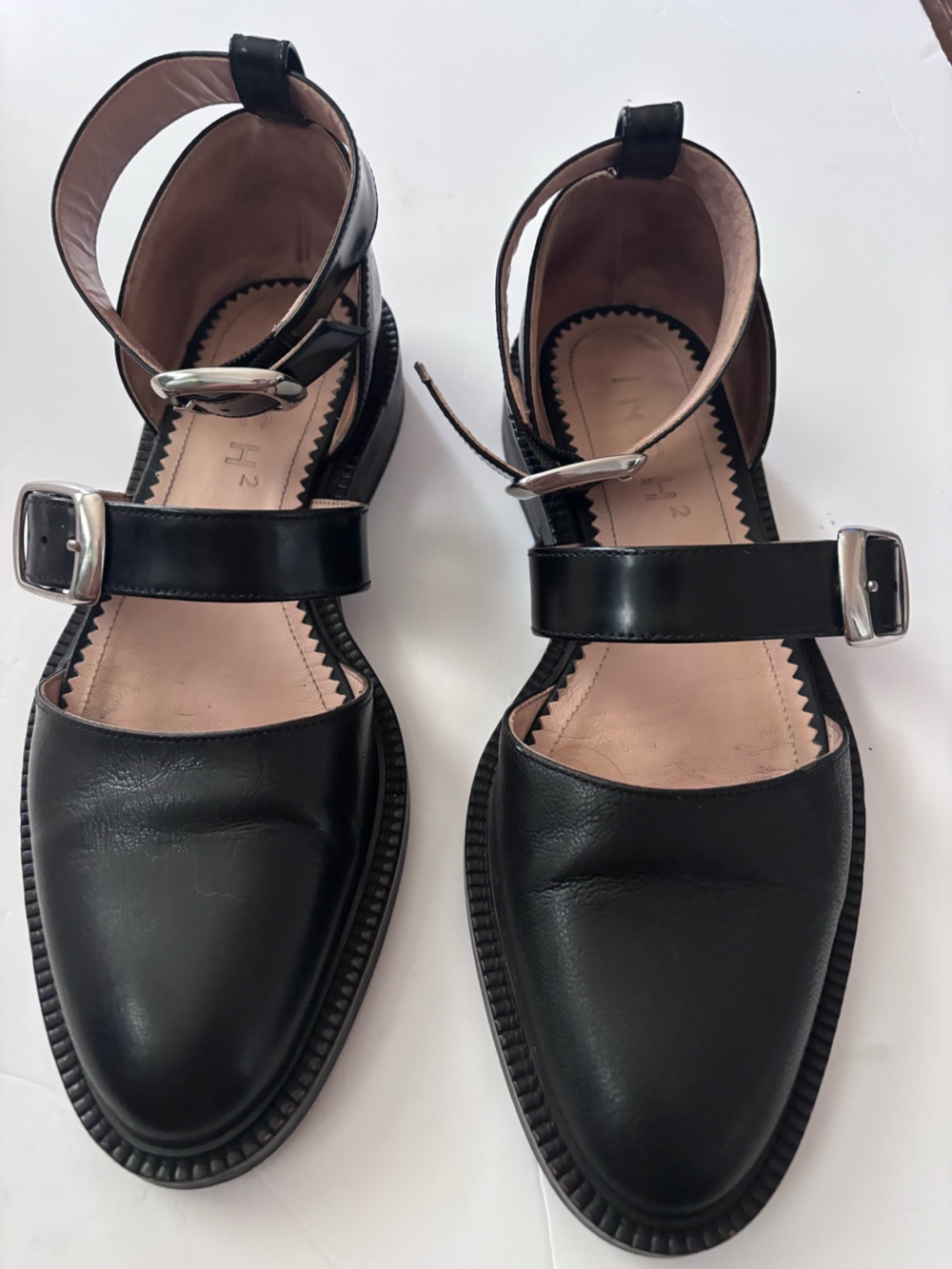 Black Leather Double-Buckle Ankle Strap Mules - Women
